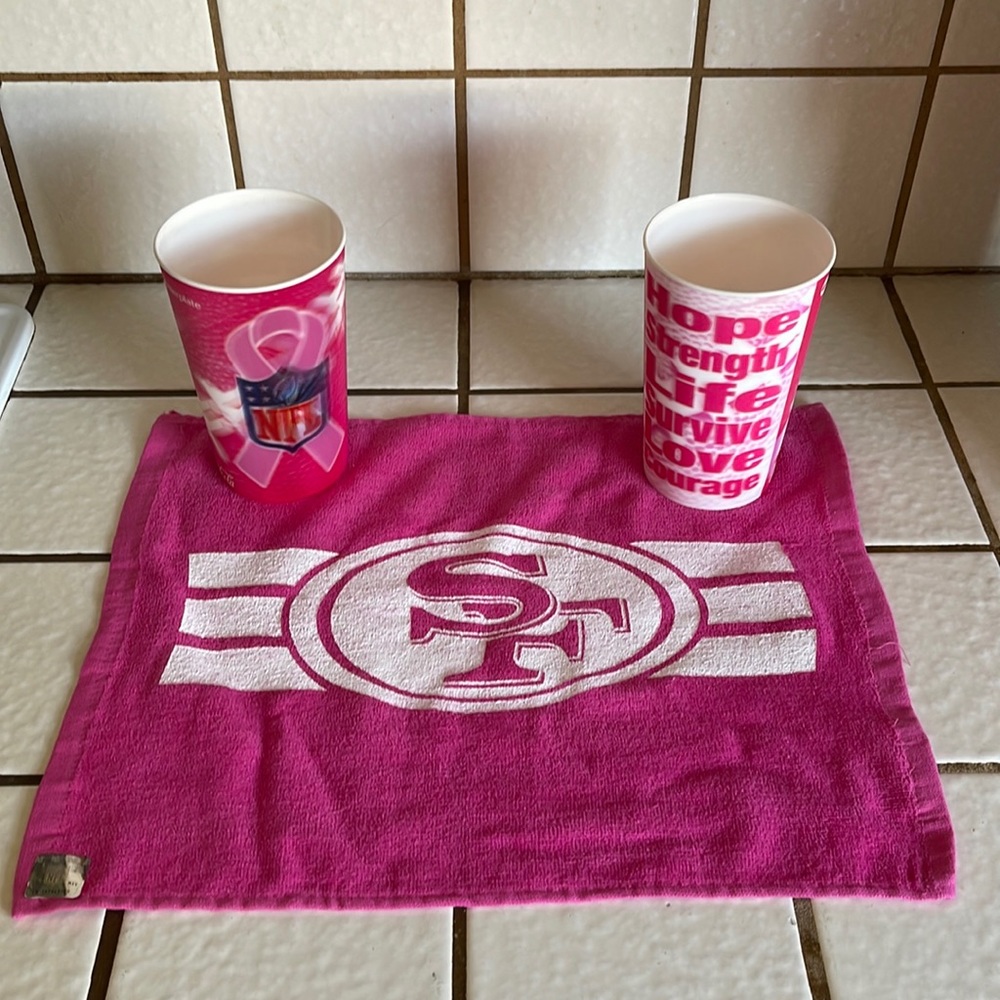 San Francisco 49ers Breast Cancer Rally Rag and Large tumbler cups NEW